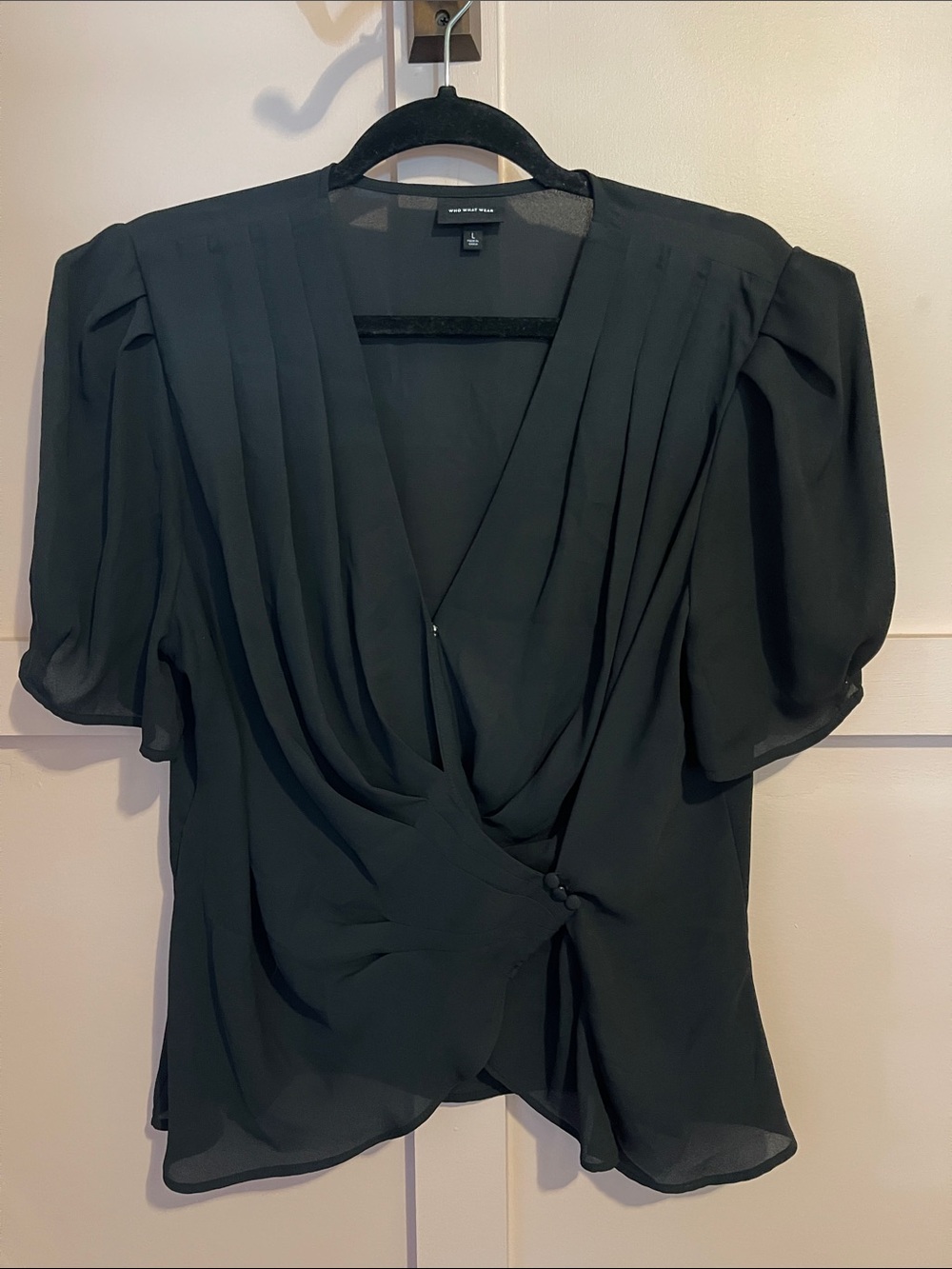 Who What Wear Black Pleated Wrap Blouse with Draped Sleeves